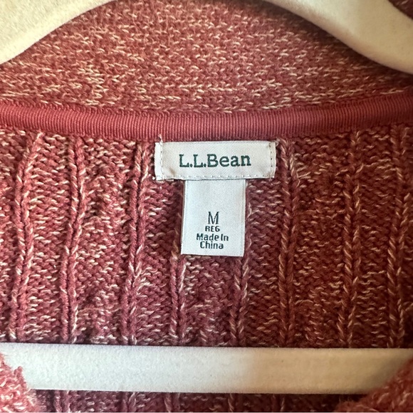 LL Bean Long Cable Knit 100% Cotton Cardigan Heathered Red Sz M Fisherman Preppy - Picture 12 of 12